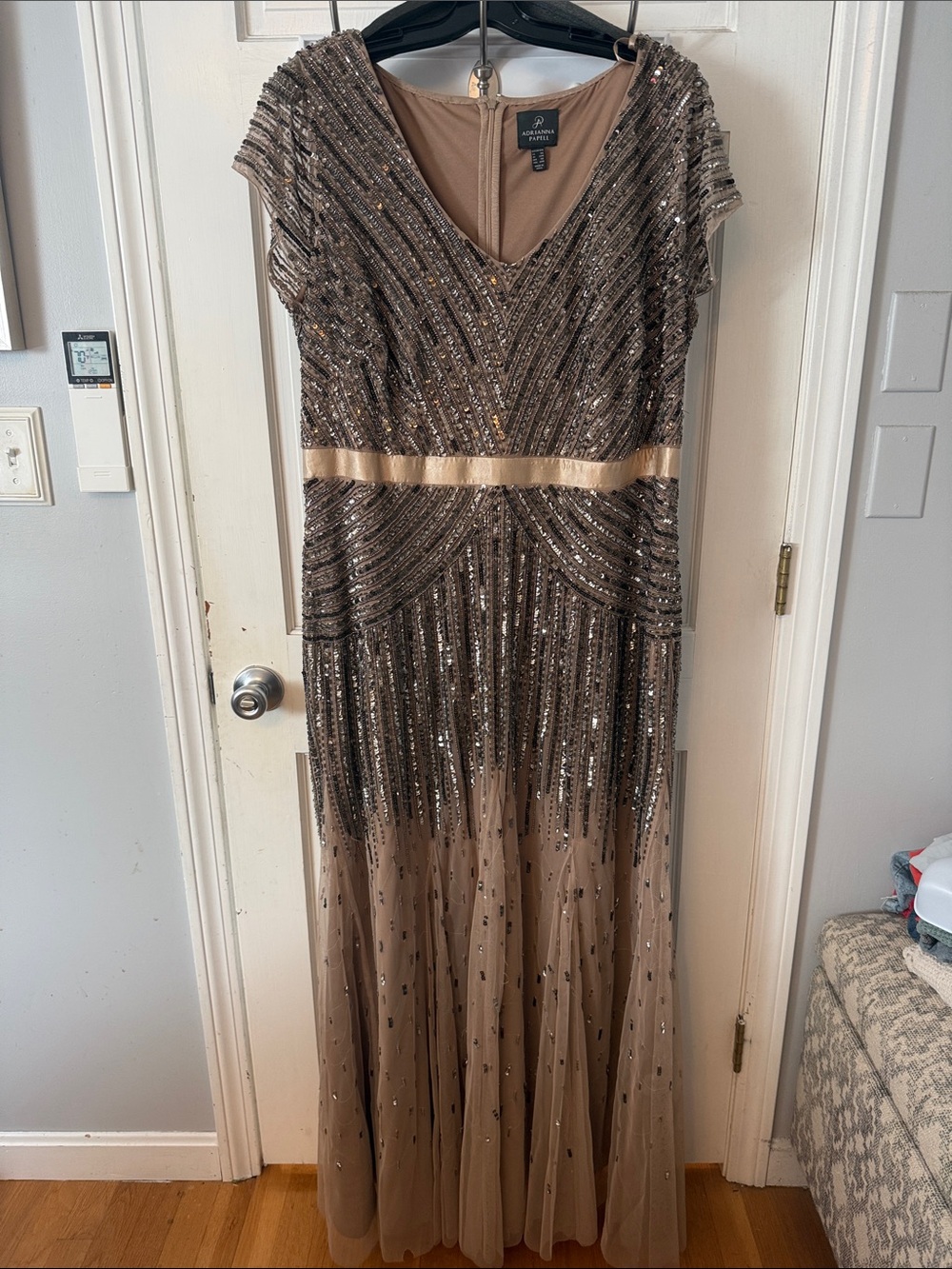 Adrianna Papell Taupe Sequin Embellished V-Neck Maxi Gown